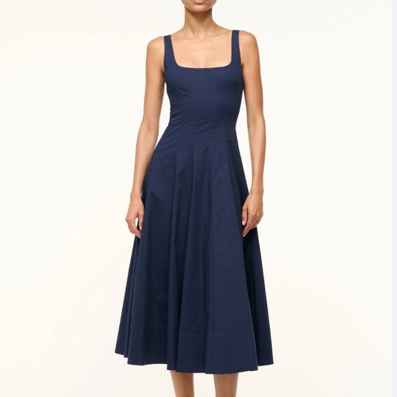 BEST STAUD Wells Midi Dress Sz6/8/10 Navy Blue Classic Cotton Party Wedding - Picture 10 of 12